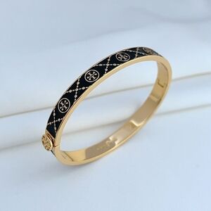 Tory Burch Black and Gold Logo Enamel Bracelet